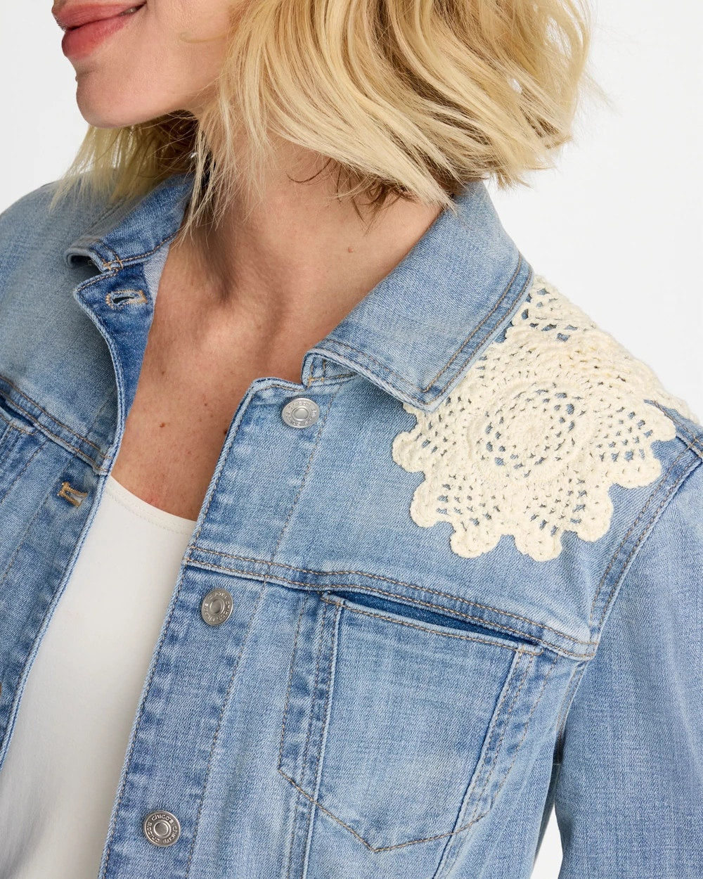 Chico's Embroidered Frayed Denim Trucker Jacket