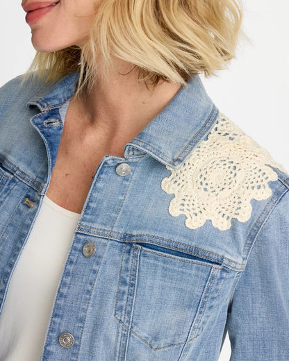 Chico's Embroidered Frayed Denim Trucker Jacket