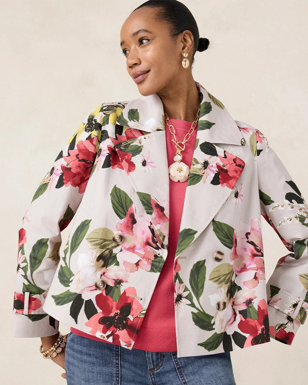 Chico's Cotton-Stretch Floral Trench Coat