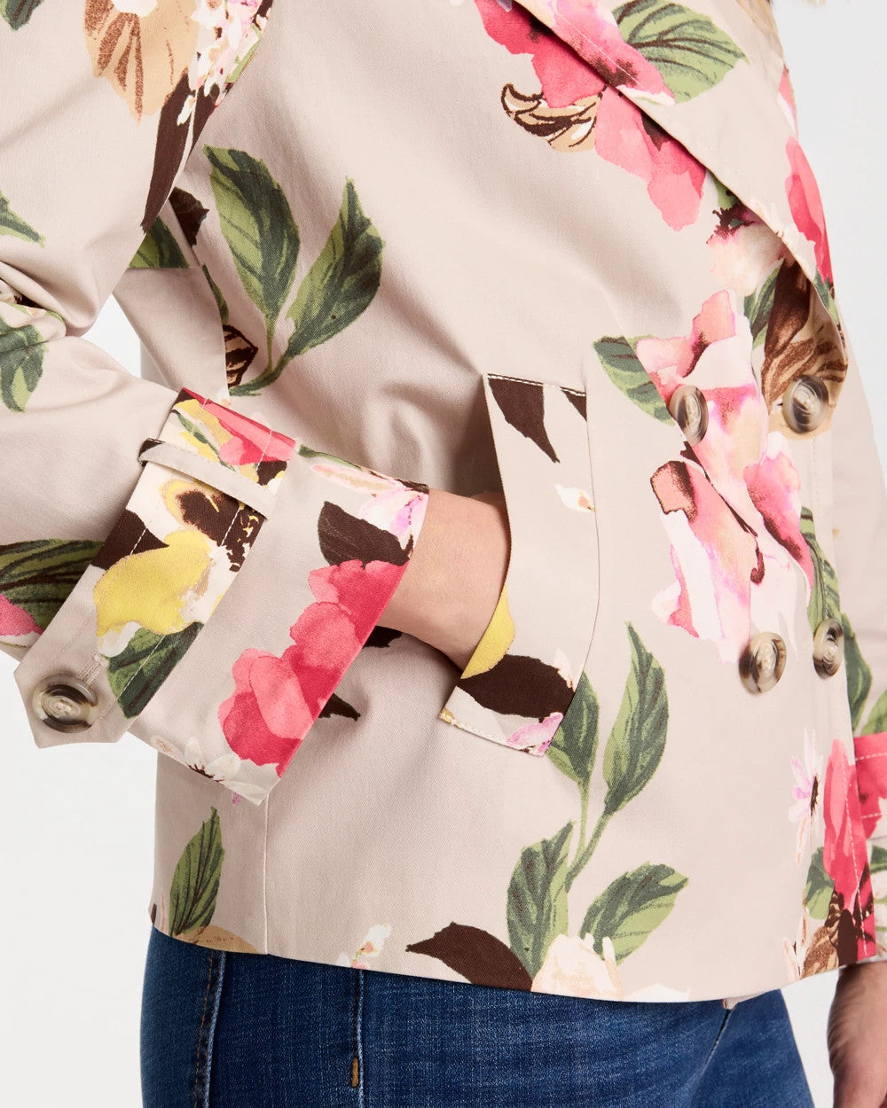 Chico's Cotton-Stretch Floral Trench Coat