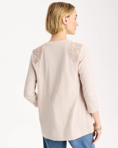 Chico's Embroidered Cotton Slub 3/4 Sleeve Cardigan