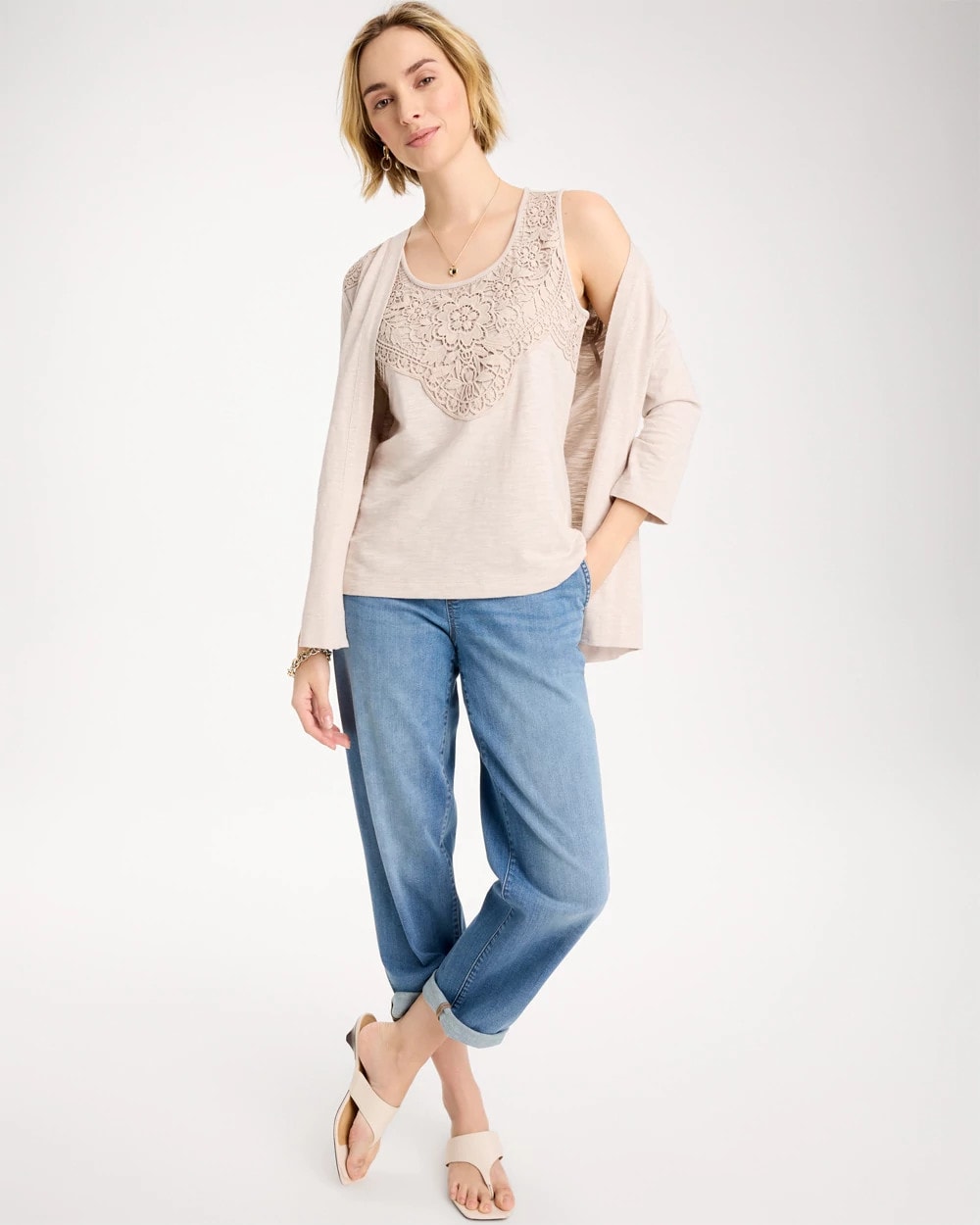 Chico's Embroidered Cotton Slub Scoopneck Tank