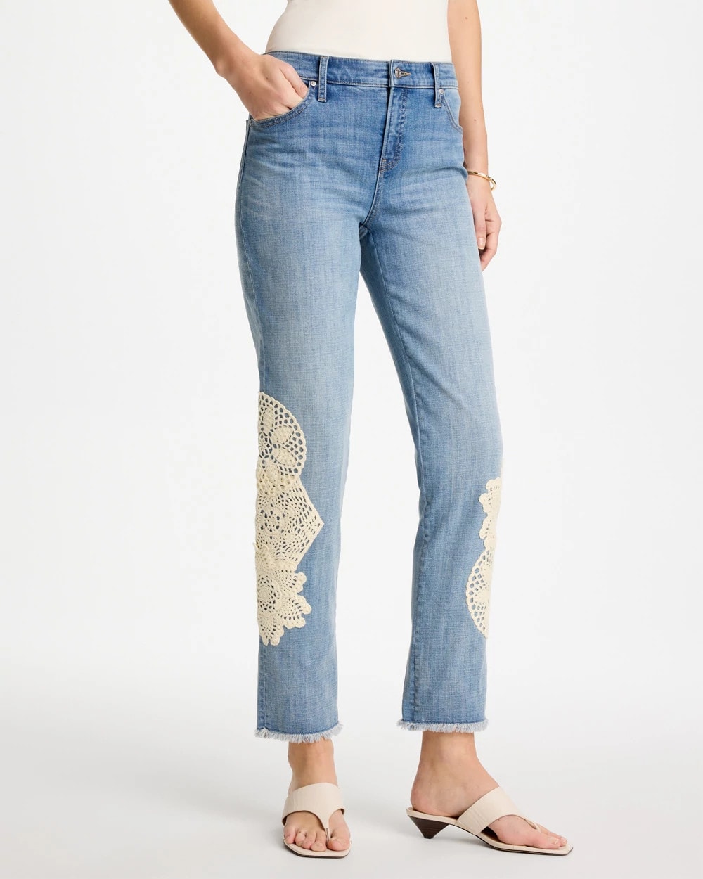 Chico's Girlfriend Slim Crochet Fray Ankle Jeans