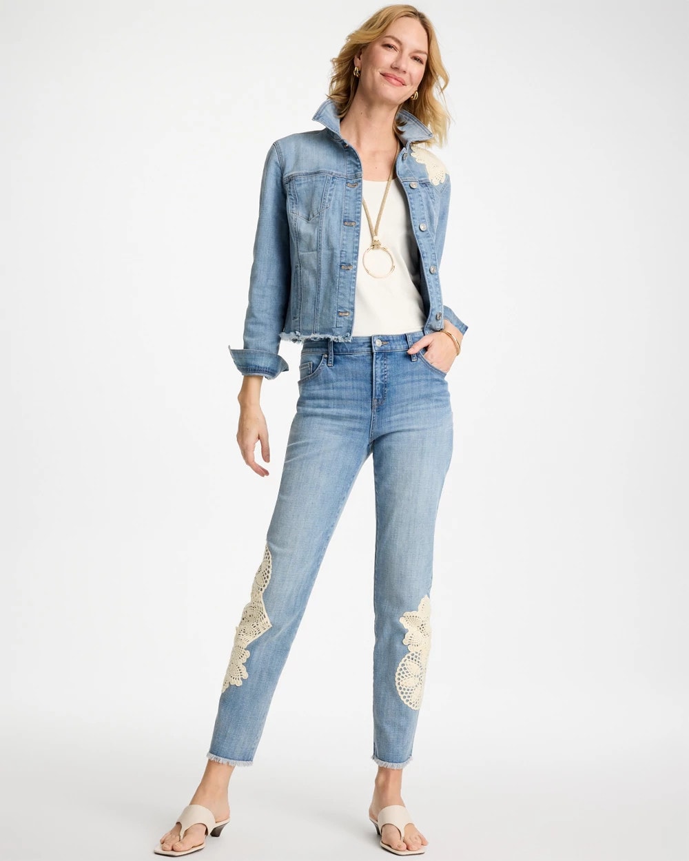 Chico's Girlfriend Slim Crochet Fray Ankle Jeans