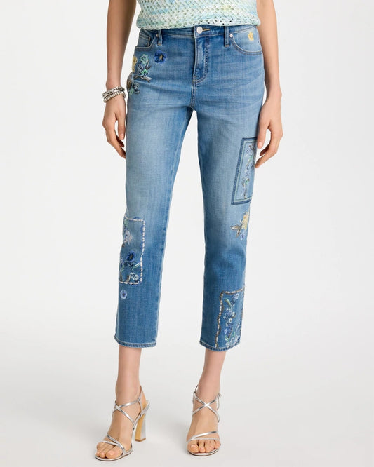 Chico's Floral Patchwork Girlfriend Crop Jeans