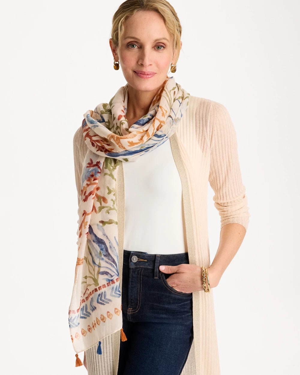 Chico's Sea Life Tassel Oblong Scarf