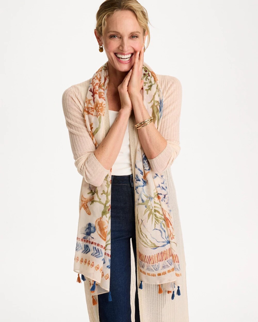 Chico's Sea Life Tassel Oblong Scarf