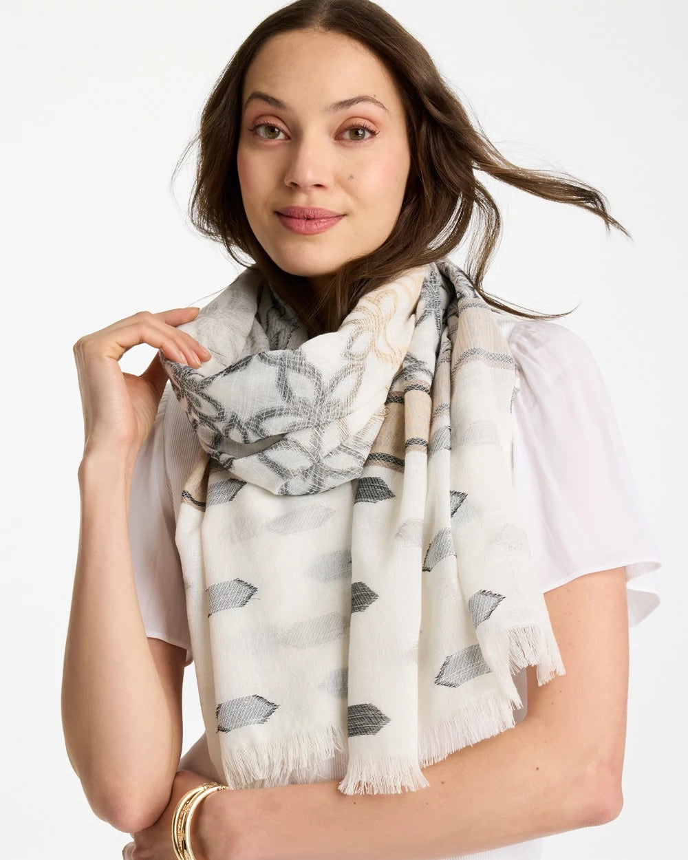 Chico's Neutral Paisley Polka Dot Oblong Scarf