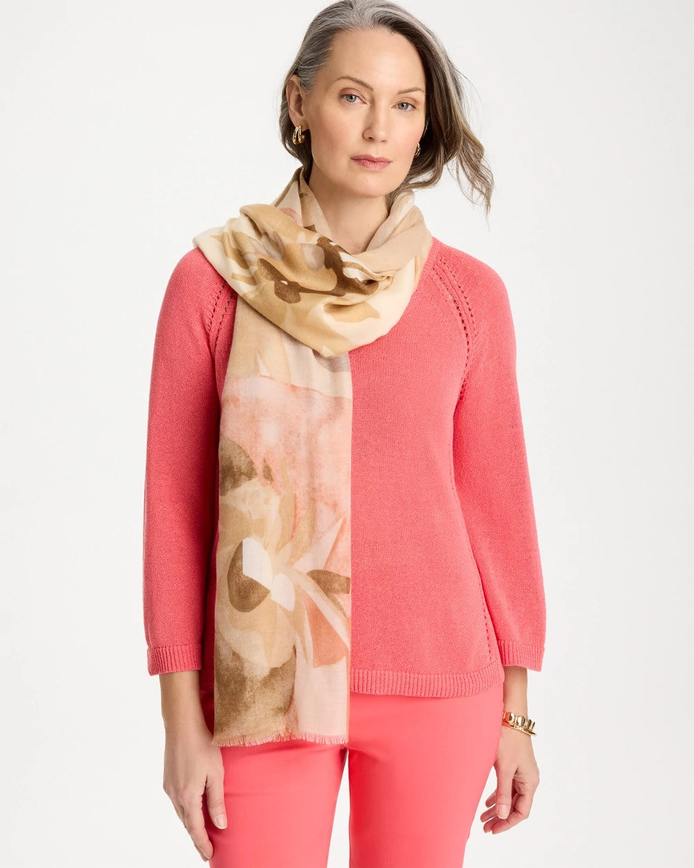 Chico's Neutral Floral Oblong Scarf