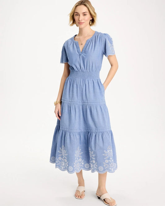 Chico's Chambray Embroidered Dress