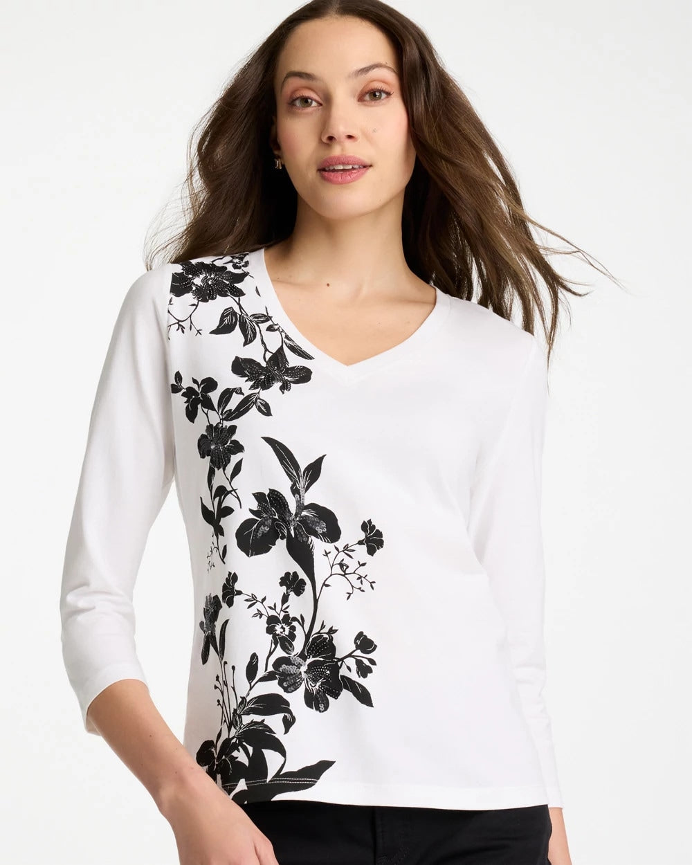 Chico's Printed Cotton Stretch 3/4 Sleeve Tee