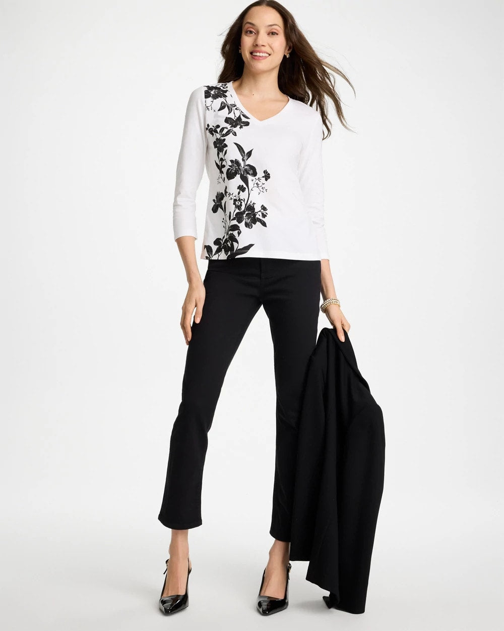 Chico's Printed Cotton Stretch 3/4 Sleeve Tee