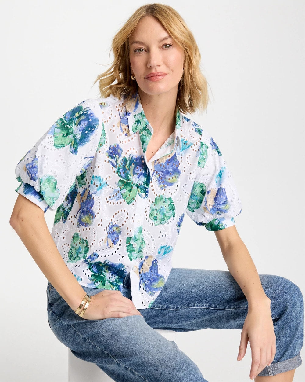 Chico's Floral Paisley Eyelet Blouse
