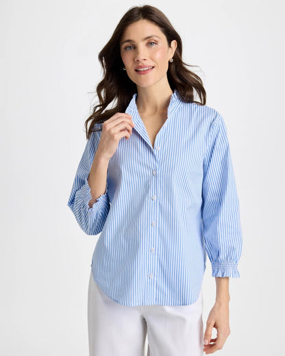 Chico's Striped Poplin Ruffle Neck Shirt