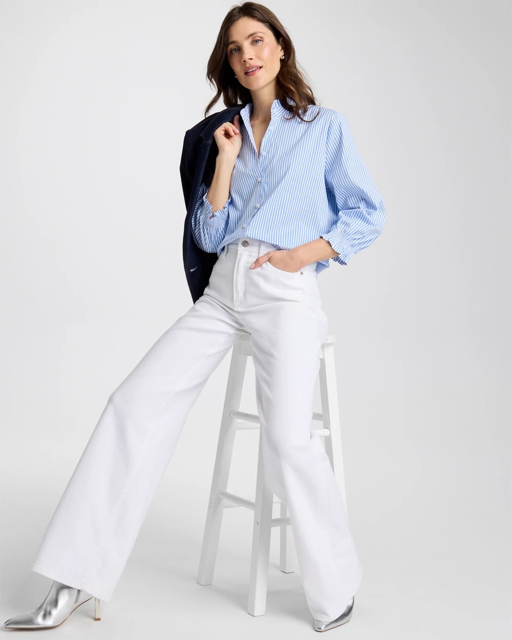 Chico's Striped Poplin Ruffle Neck Shirt