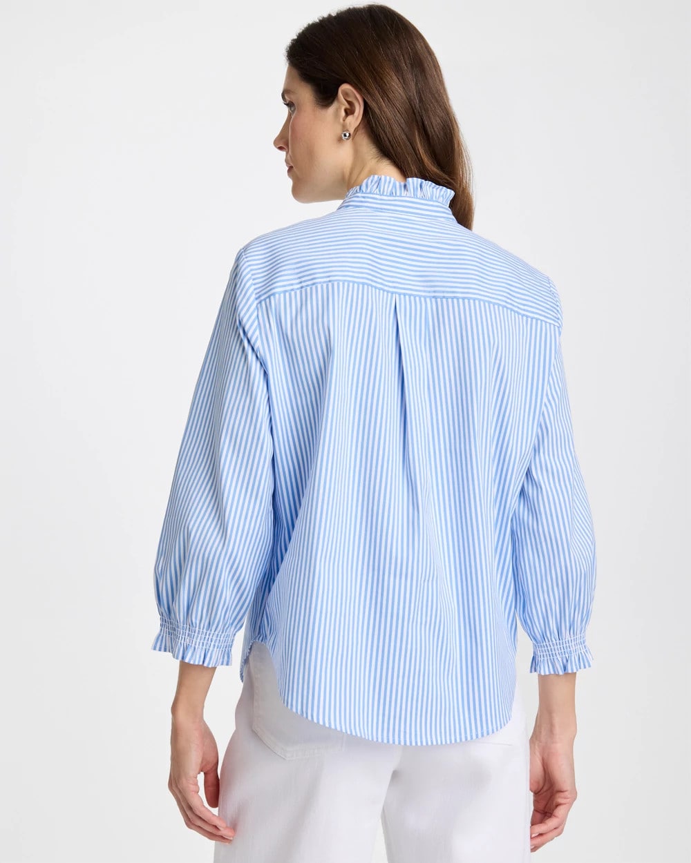 Chico's Striped Poplin Ruffle Neck Shirt