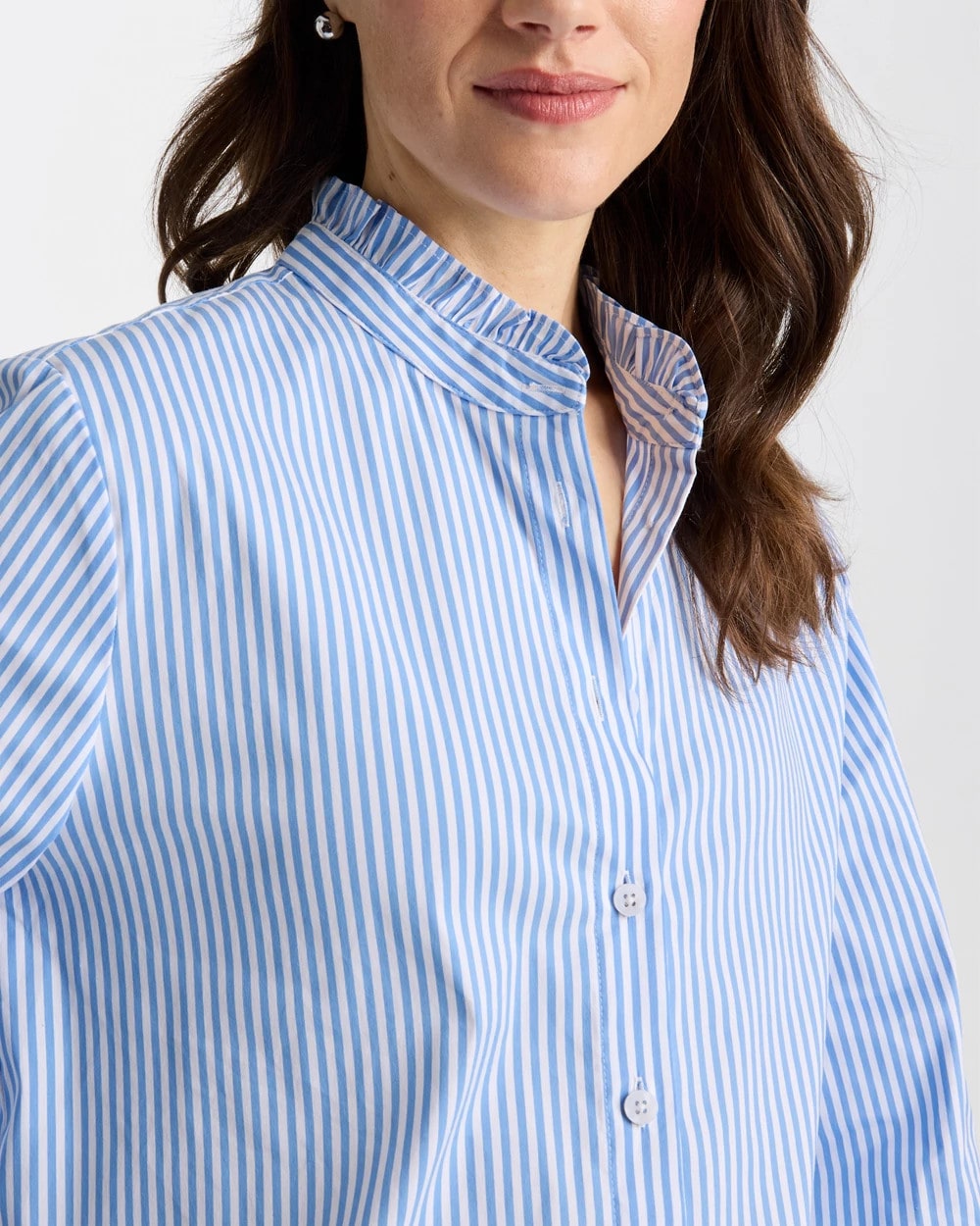 Chico's Striped Poplin Ruffle Neck Shirt