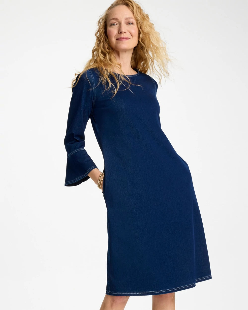 Chico's Bell Sleeve Knit Denim Dress