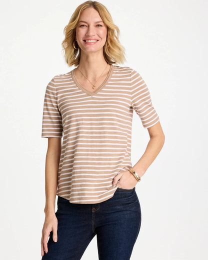Chico's Striped Cotton Slub V-Neck Tee