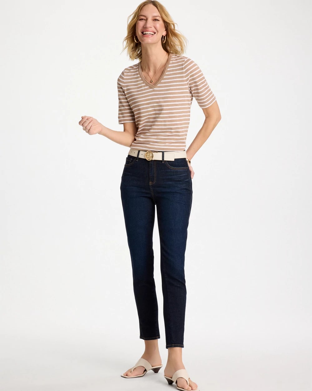 Chico's Striped Cotton Slub V-Neck Tee