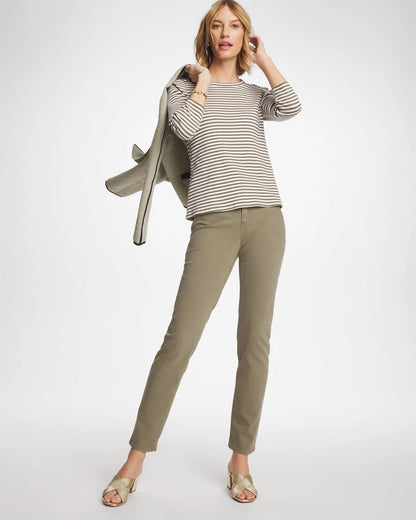 Chico's Striped Ribbed Button Crewneck Tee