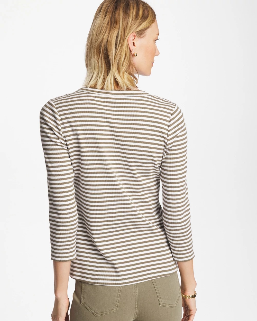 Chico's Striped Ribbed Button Crewneck Tee