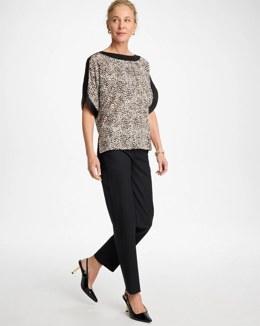 Chico's Printed Jersey & Satin Dolman Tee