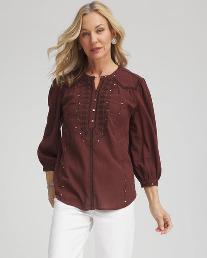 Chico's Embroidered Crinkle-Cotton Blouse