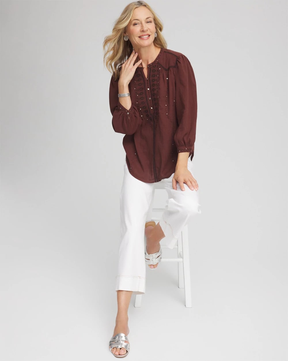 Chico's Embroidered Crinkle-Cotton Blouse