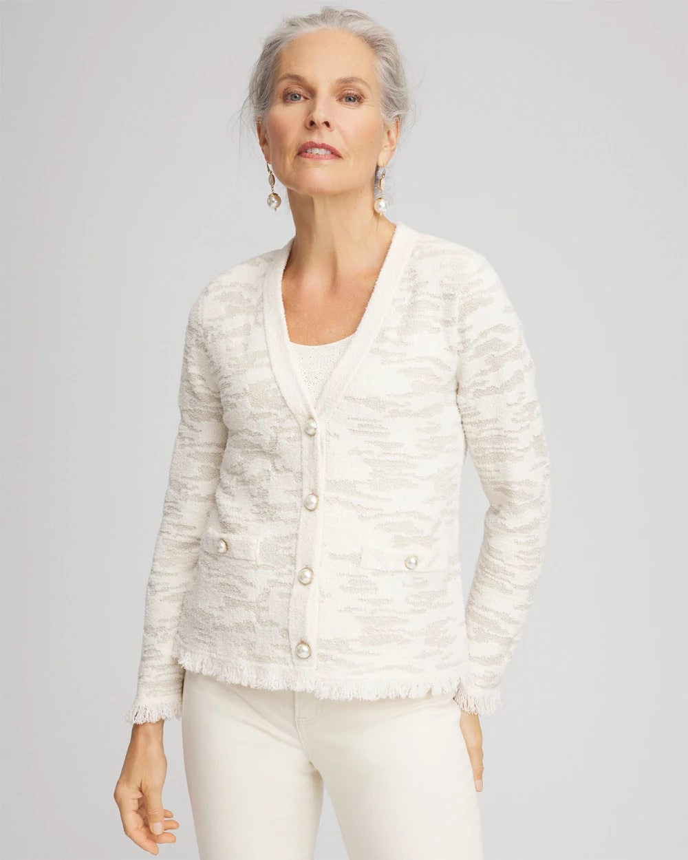 Chico's Fringe Textured V-Neck Cardigan