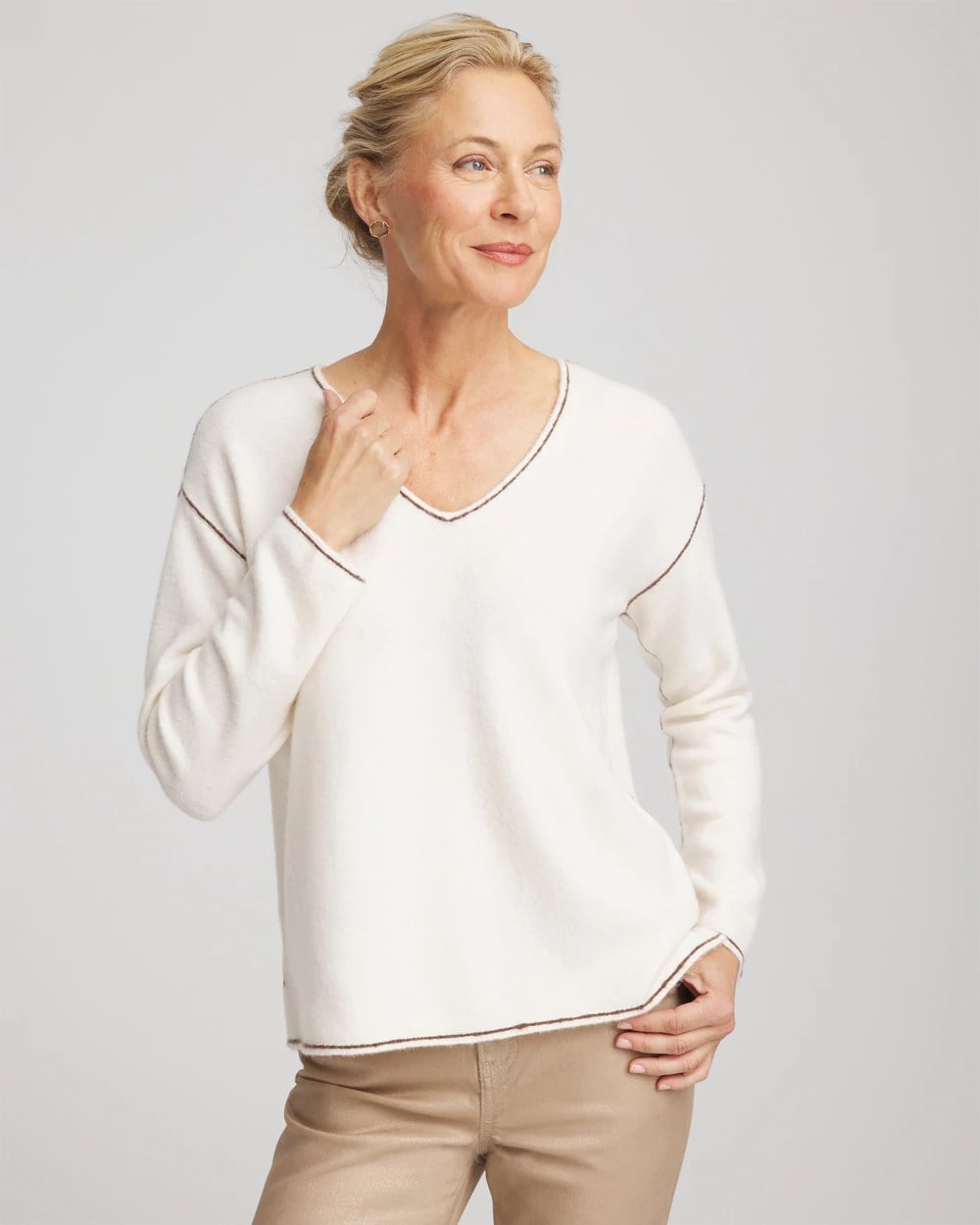 Chico's Contrast Stitch V-Neck Sweater