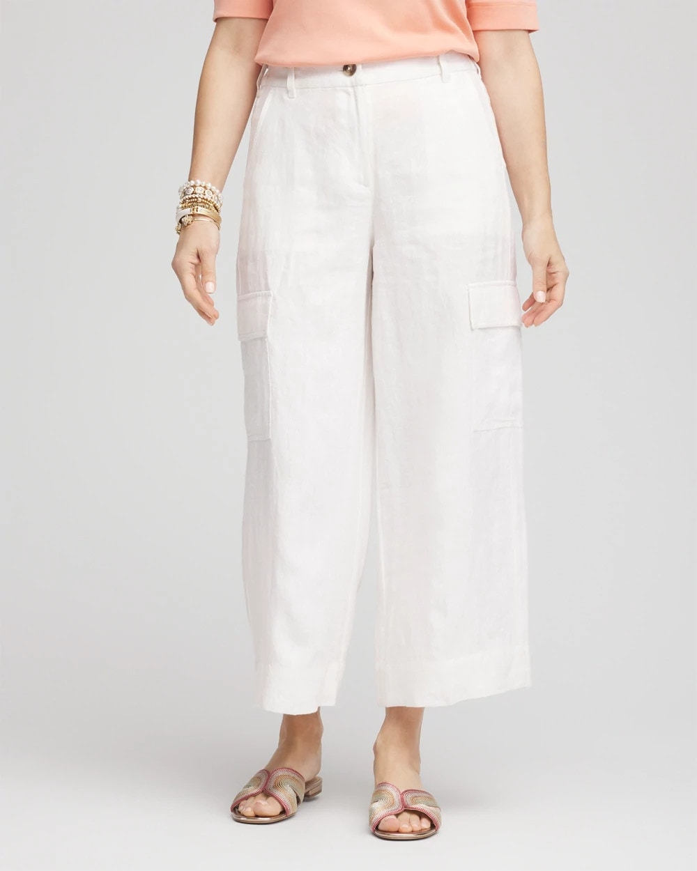 Chico's Linen Cargo Wide-Leg Cropped Pants