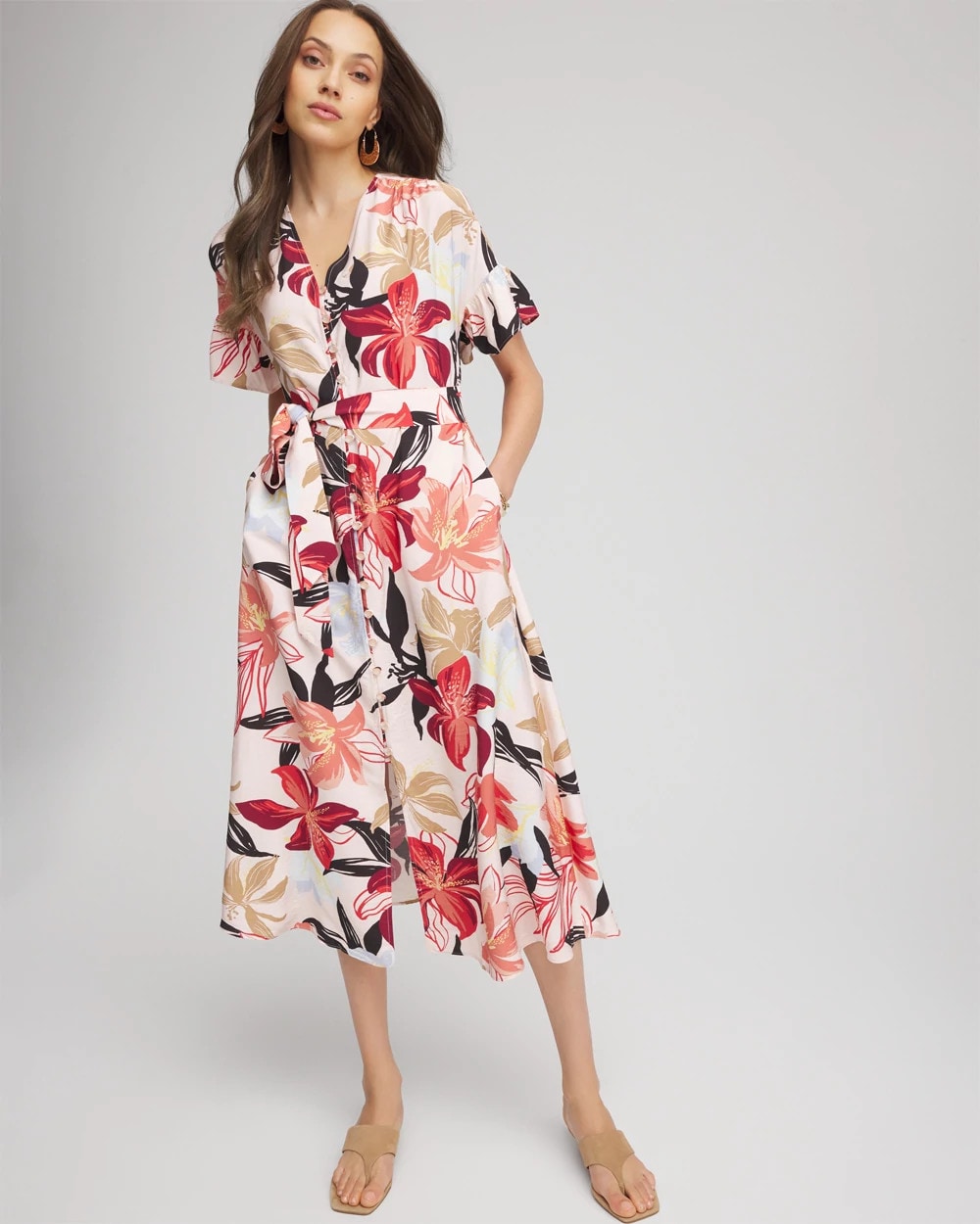 Chico's Tonal Floral Ruffle-Sleeved Midi Dress