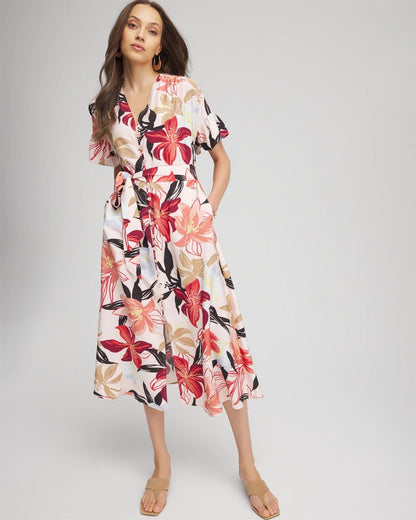 Chico's Tonal Floral Ruffle-Sleeved Midi Dress