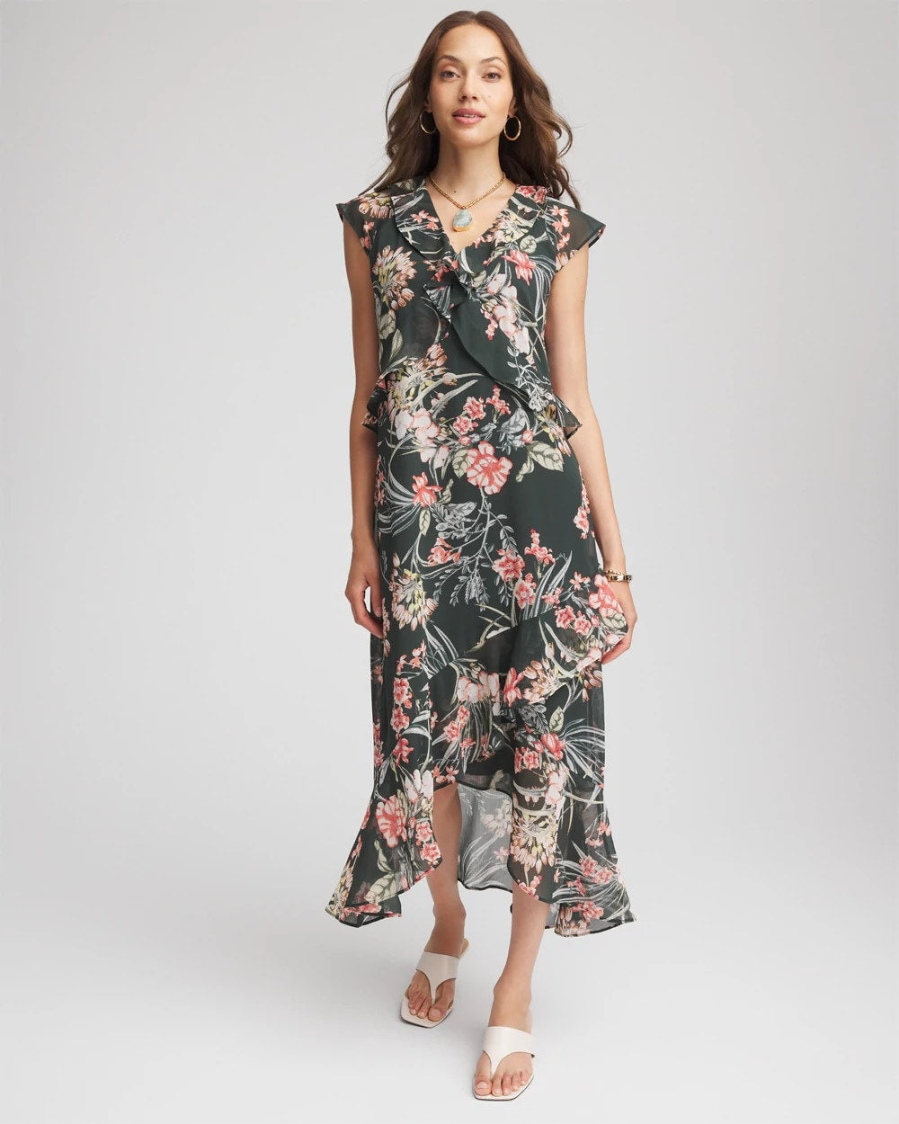 Chico's Floral Ruffle-Trim Chiffon Dress