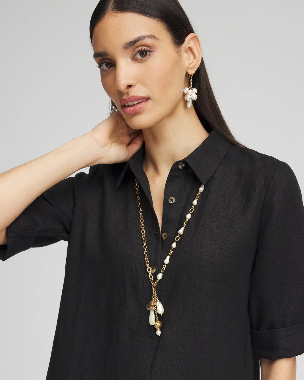 Chico's Convertible Multi-Strand Jade & Faux Pearl Charm Necklace