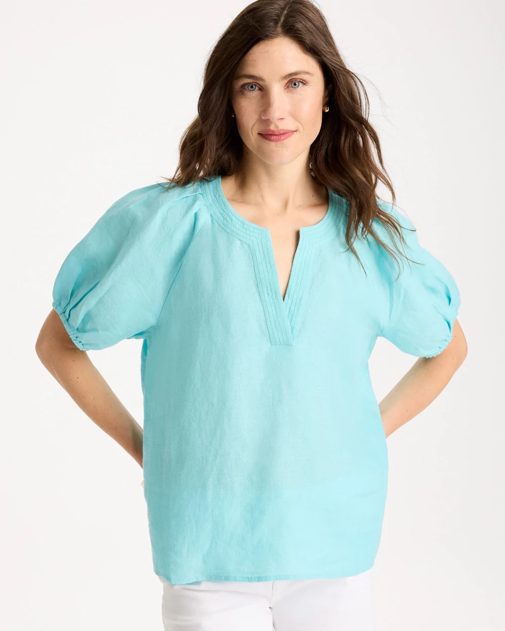Chico's Linen Trapunto Popover Top
