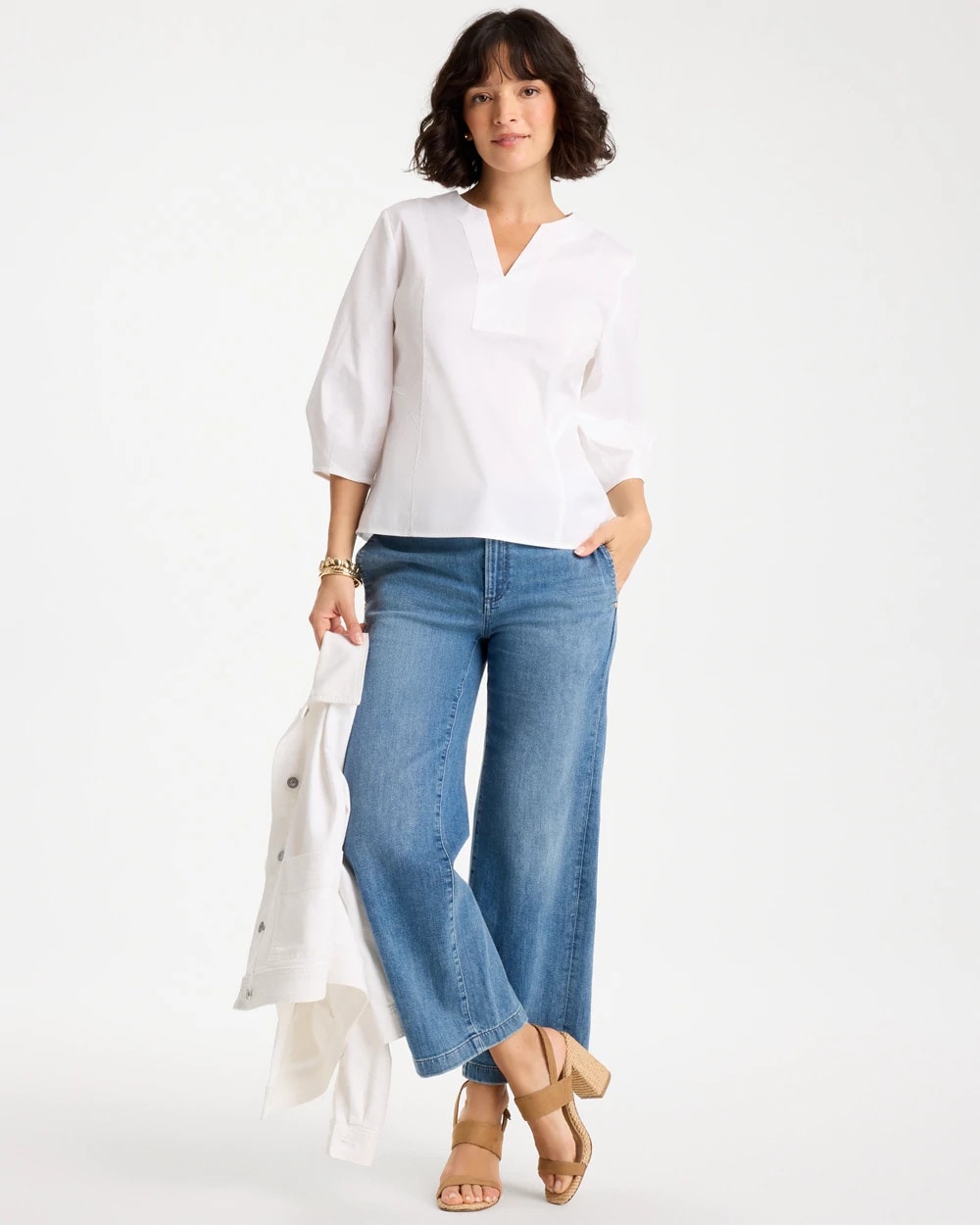 Chico's Poplin Cotton 3/4 Sleeve Popover