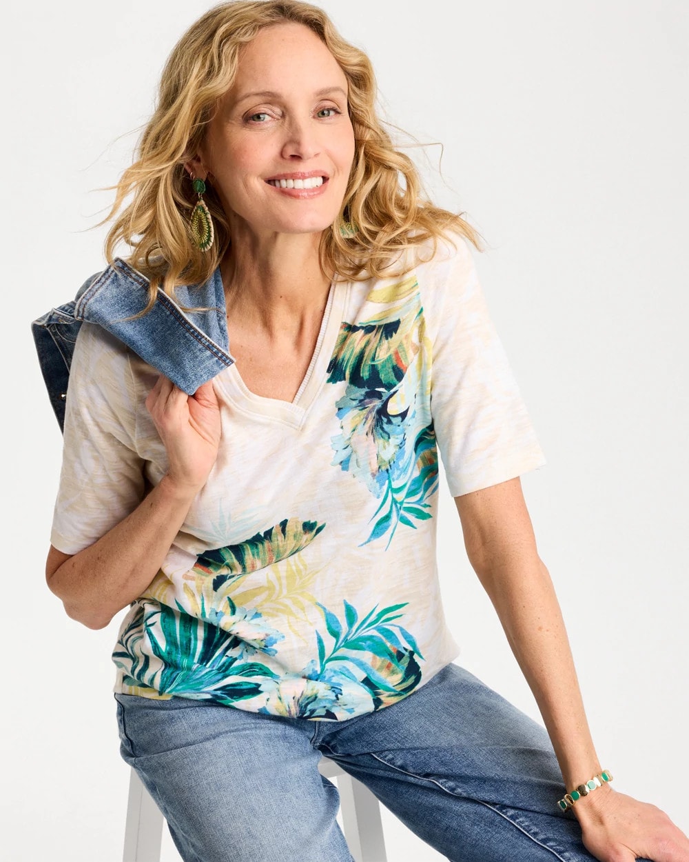 Chico's Printed Cotton Slub V-Neck Tee