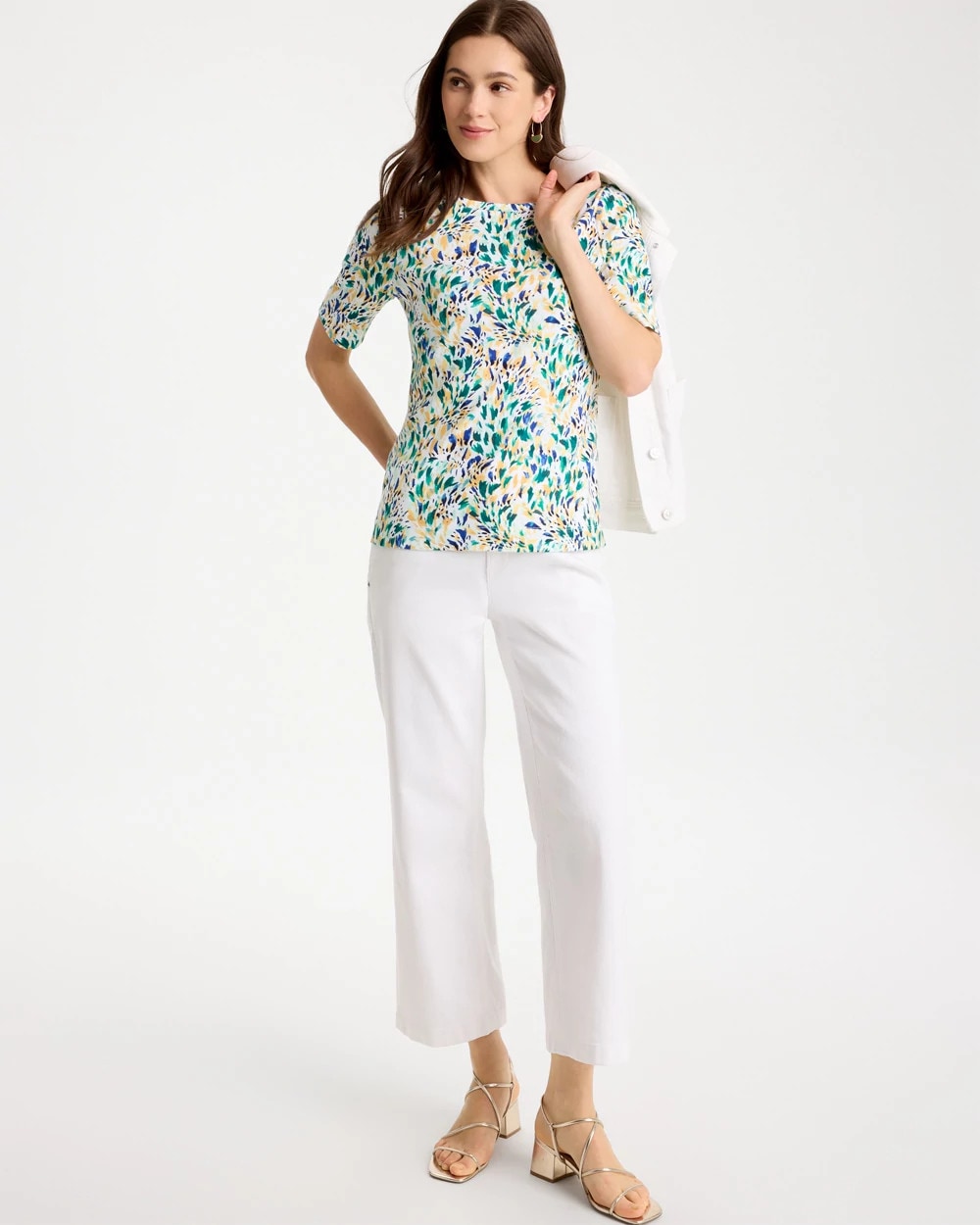 Chico's Leafy Swamp Pima Elbow Sleeve Tee