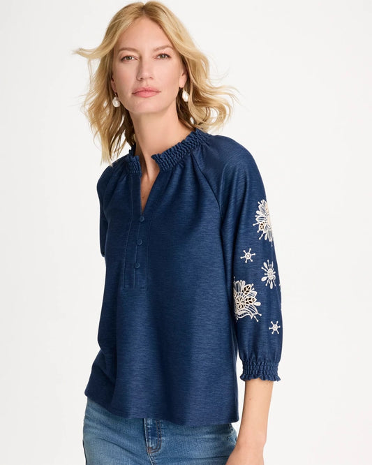 Chico's Embroidered Denim Henley Tee
