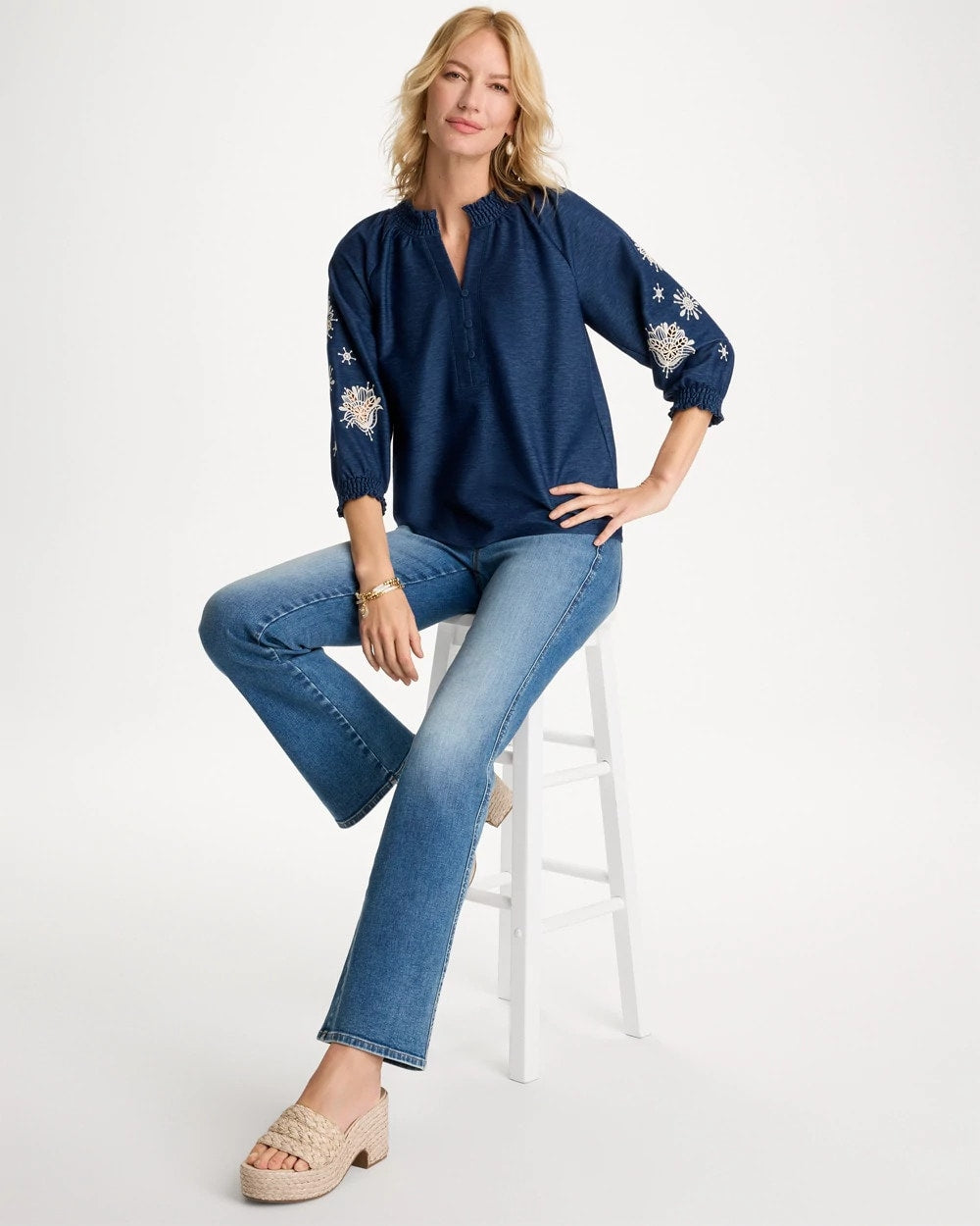 Chico's Embroidered Denim Henley Tee