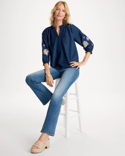 Chico's Embroidered Denim Henley Tee