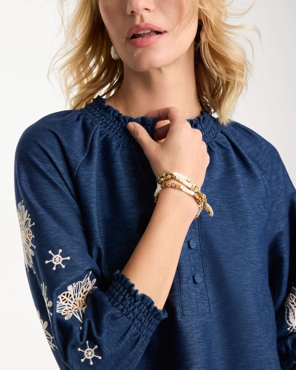 Chico's Embroidered Denim Henley Tee