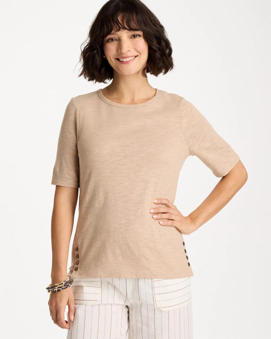 Chico's Foil Print Cotton Slub Elbow-Sleeve Tee
