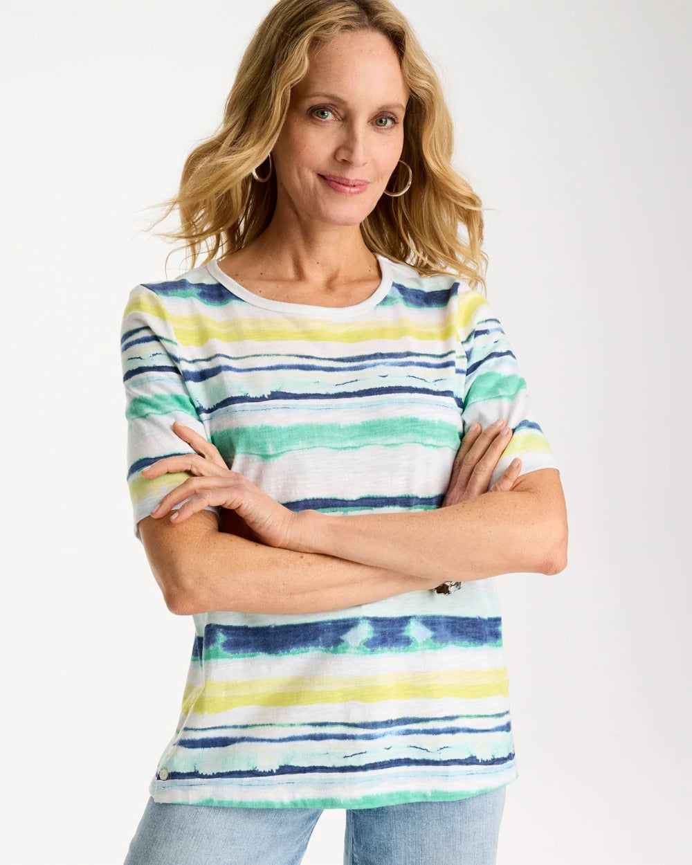 Chico's Striped Cotton Slub Elbow-Sleeve Tee