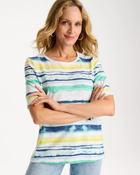 Chico's Striped Cotton Slub Elbow-Sleeve Tee