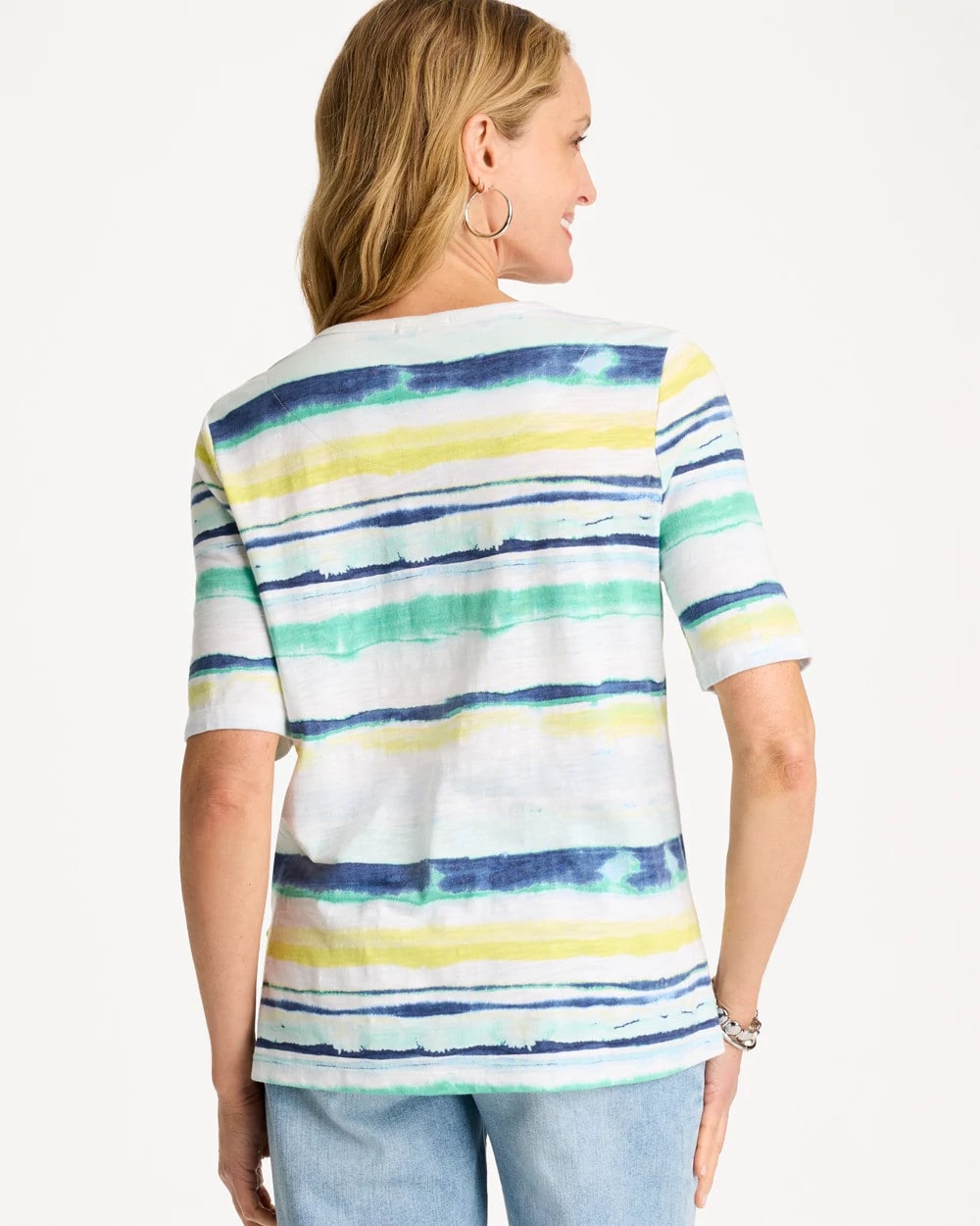Chico's Striped Cotton Slub Elbow-Sleeve Tee