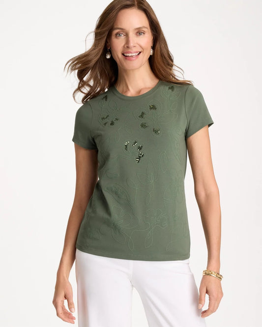 Chico's Embellished Cotton Stretch Cap-Sleeve Tee