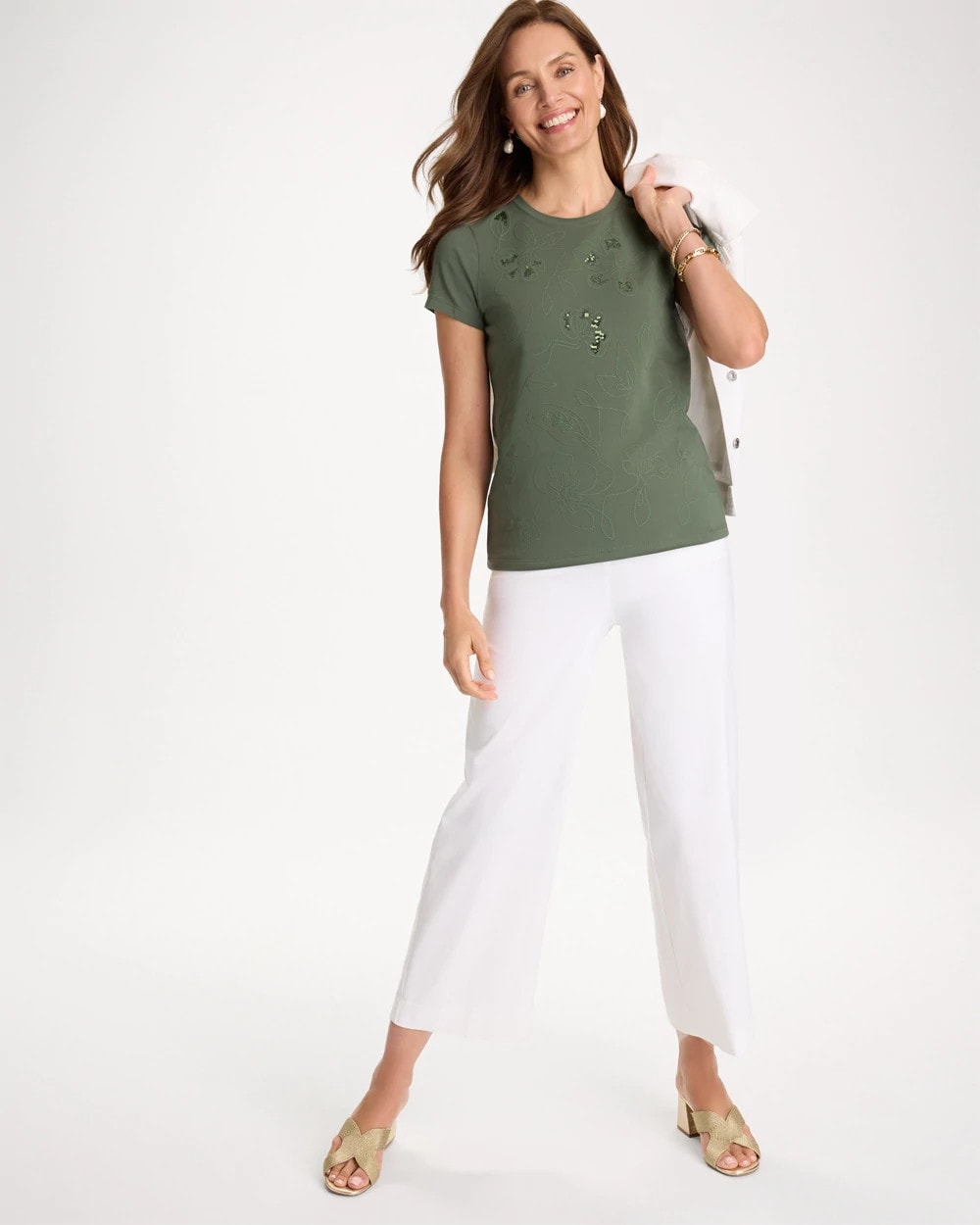 Chico's Embellished Cotton Stretch Cap-Sleeve Tee